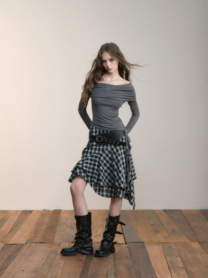 VIA PITTI VIACS524 Irregular retro plaid half skirt