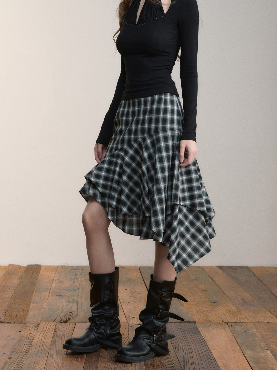 VIA PITTI VIACS524 Irregular retro plaid half skirt