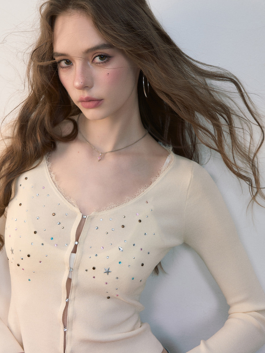 VIA PITTI VIADK564 Colorful rhinestone lace cardigan