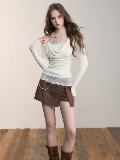 VIA PITTI VIACTP511 Fake two piece lace off shoulder beaded collar top