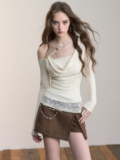 VIA PITTI VIACTP511 Fake two piece lace off shoulder beaded collar top