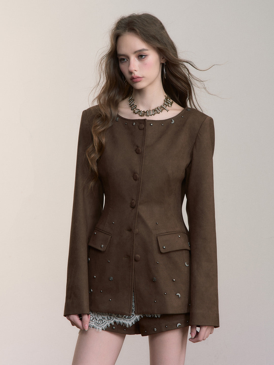 VIA PITTI VIACC514 Rivet design imitation suede waist jacket