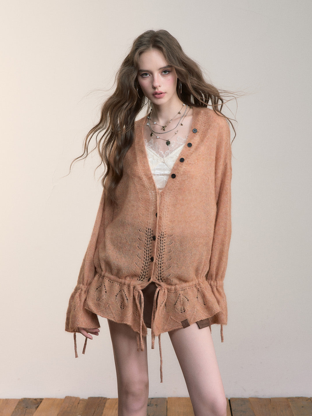 VIA PITTI VIADK570 Lazy style drawstring hollow knitted sweater