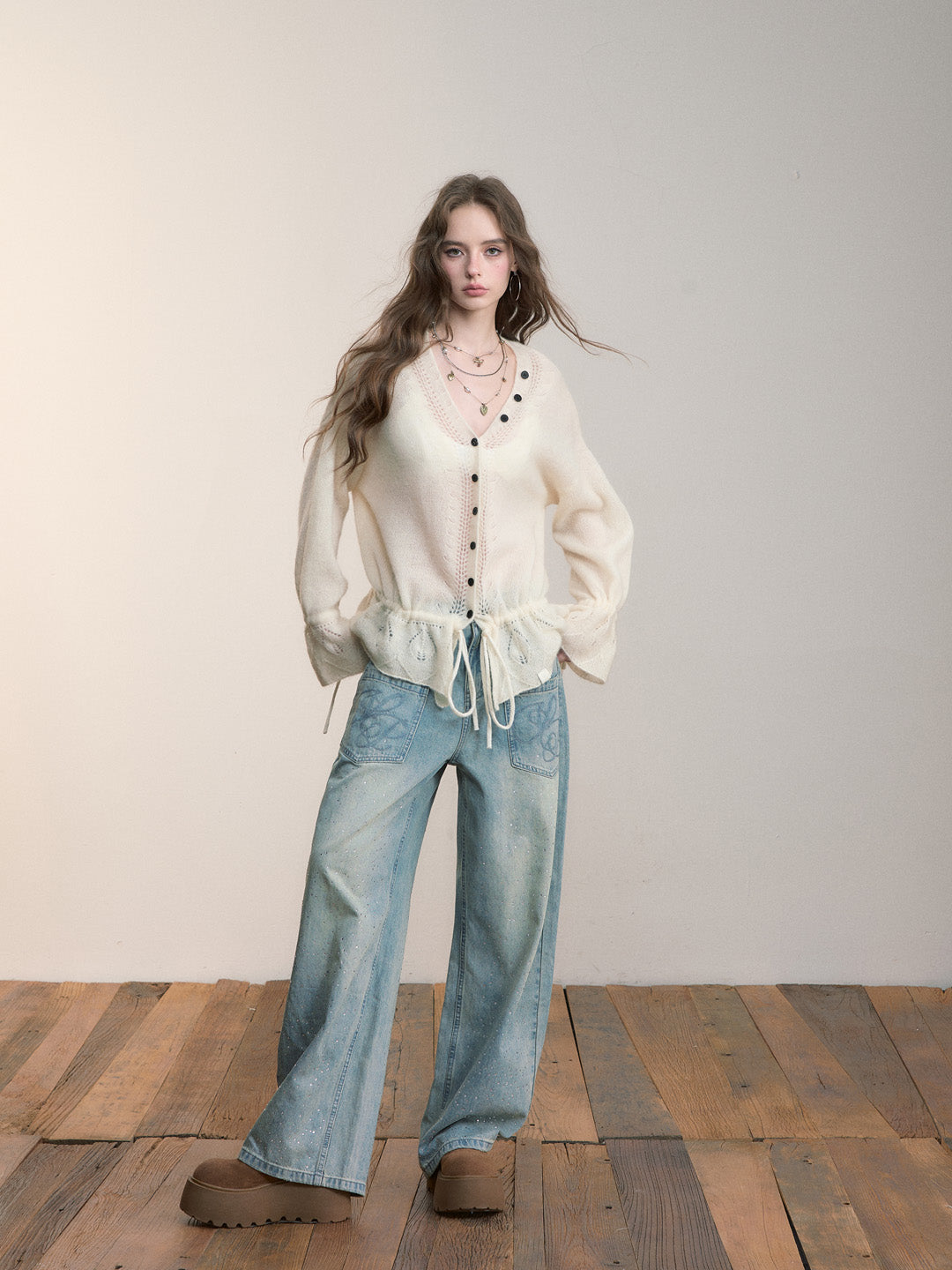 VIA PITTI VIADK570 Lazy style drawstring hollow knitted sweater