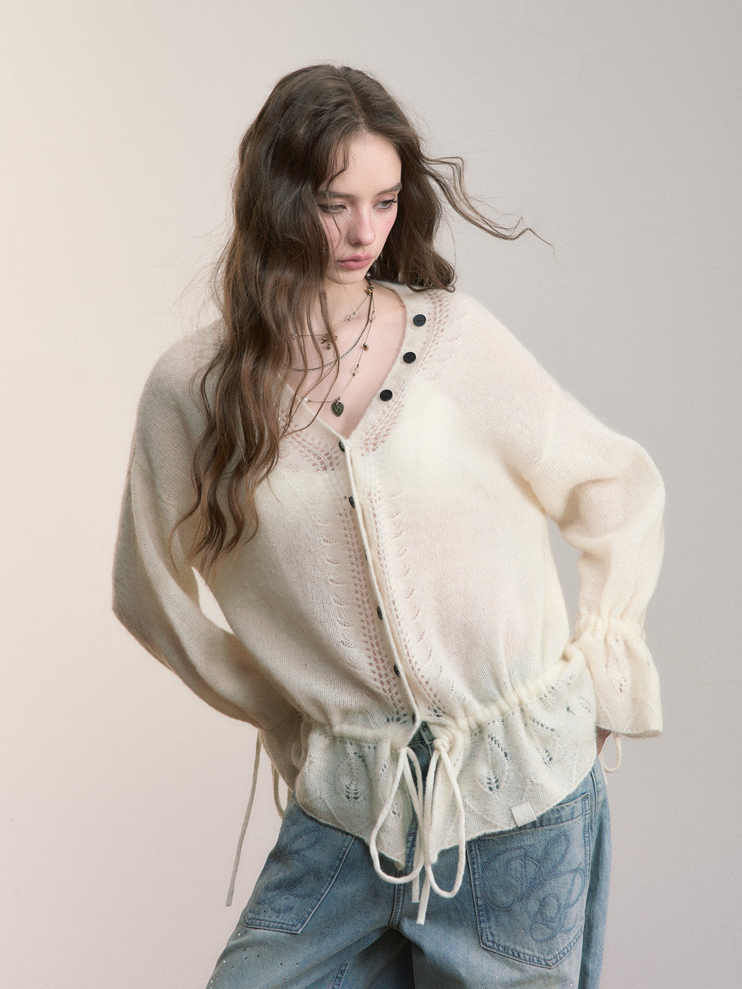 VIA PITTI VIADK570 Lazy style drawstring hollow knitted sweater