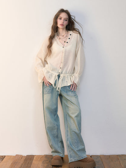 VIA PITTI VIADK570 Lazy style drawstring hollow knitted sweater