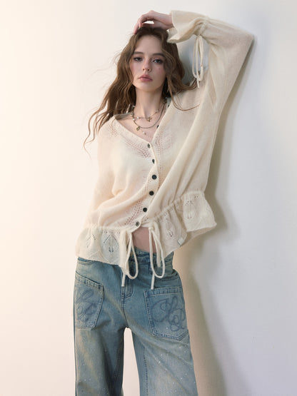 VIA PITTI VIADK570 Lazy style drawstring hollow knitted sweater