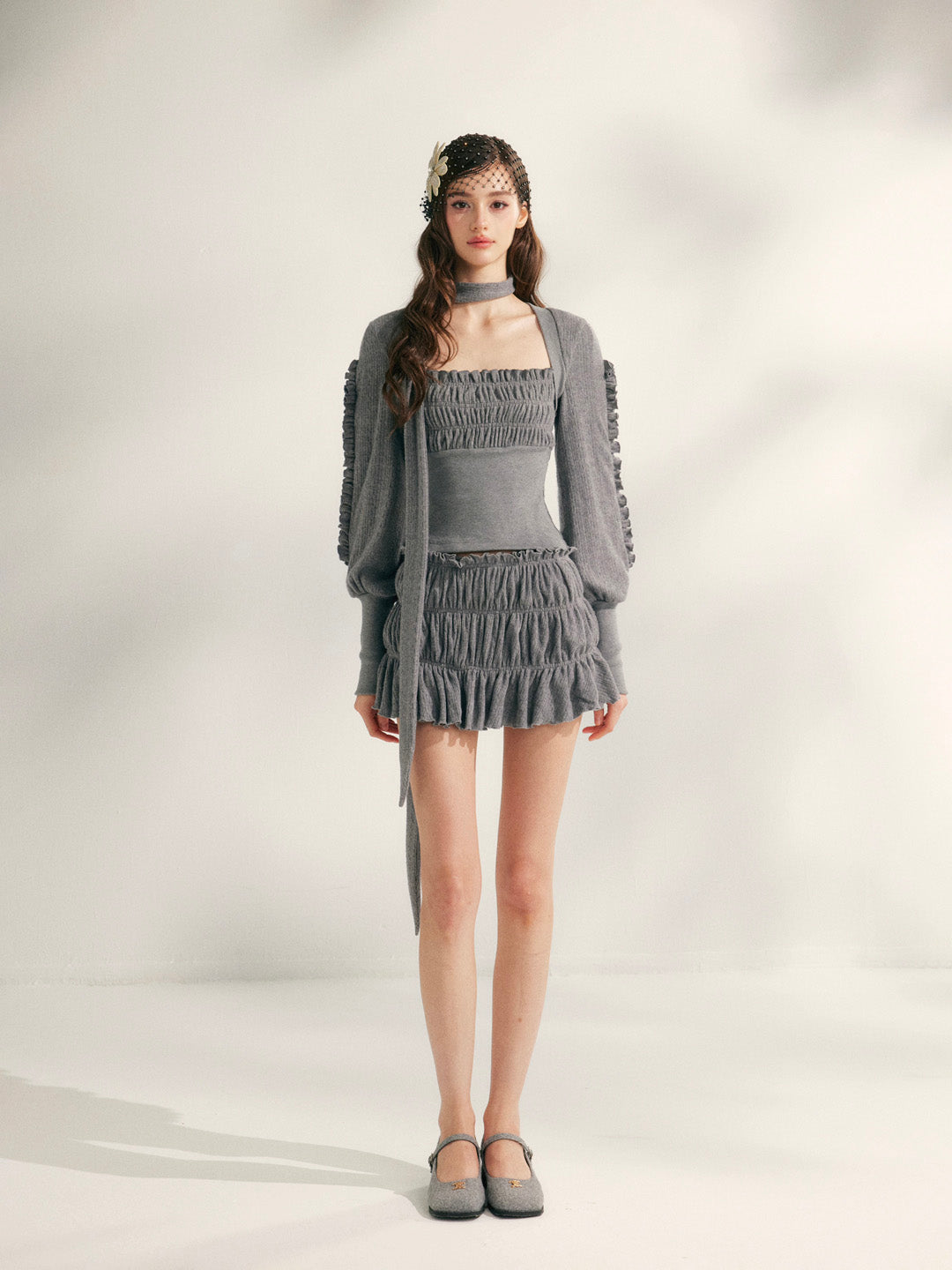 YZZI HE Pleated lace knitted top + skirt set