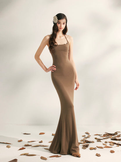 YZZI HE Beaded halter neck knitted fishtail maxi dress