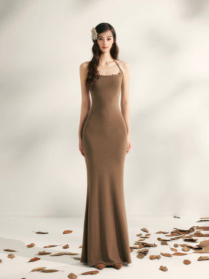 YZZI HE Beaded halter neck knitted fishtail maxi dress