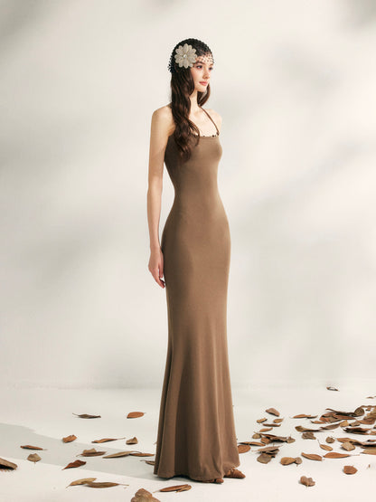 YZZI HE Beaded halter neck knitted fishtail maxi dress