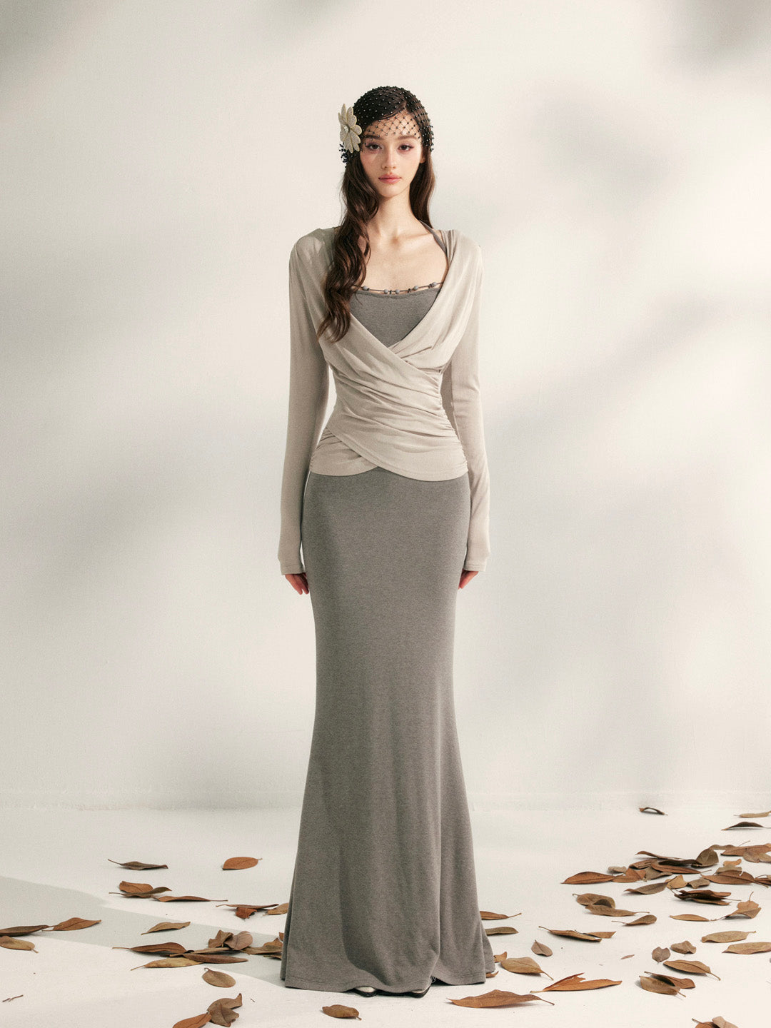 YZZI HE Beaded halter neck knitted fishtail maxi dress