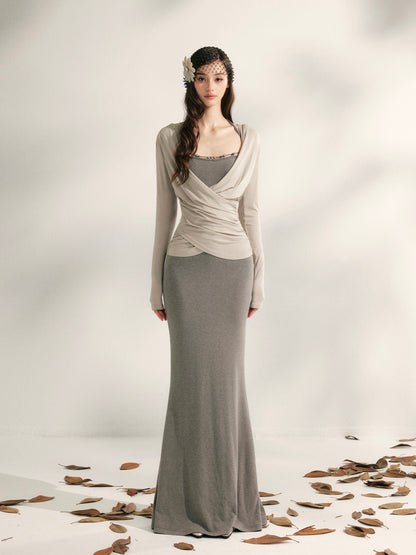YZZI HE Beaded halter neck knitted fishtail maxi dress
