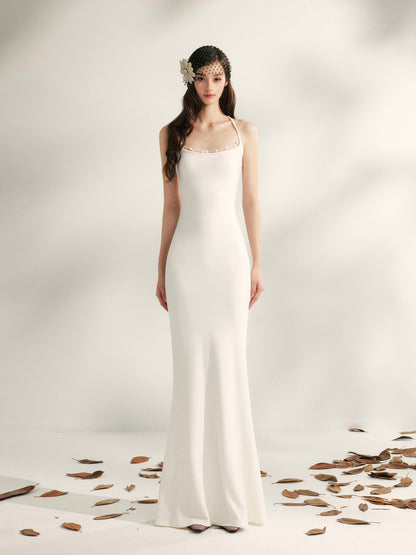 YZZI HE Beaded halter neck knitted fishtail maxi dress