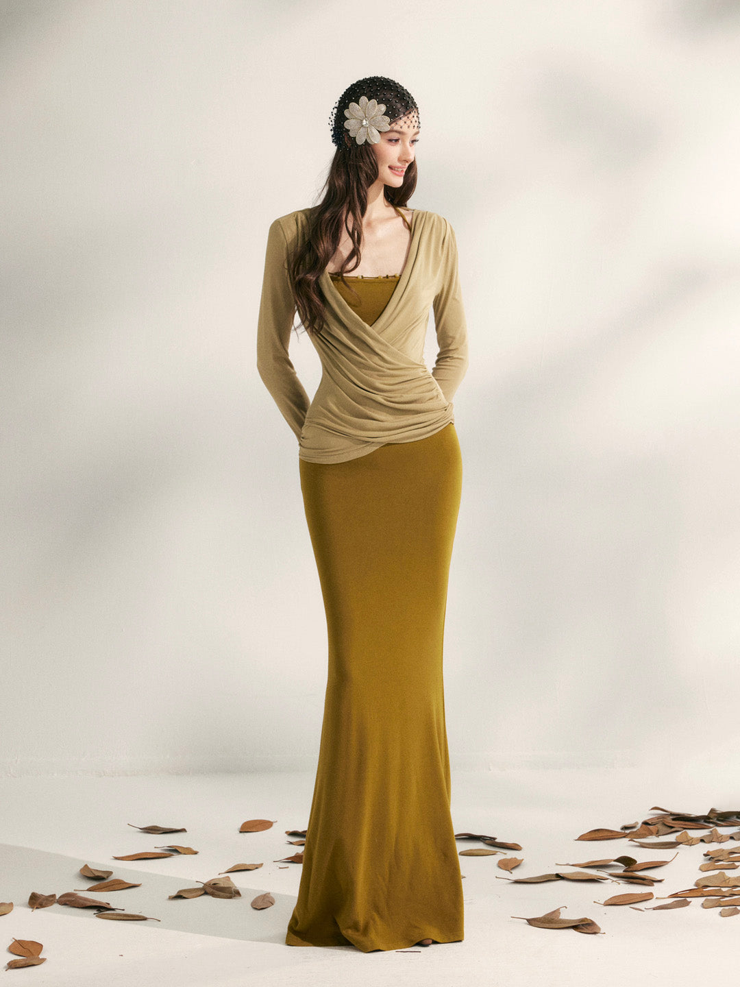 YZZI HE Beaded halter neck knitted fishtail maxi dress
