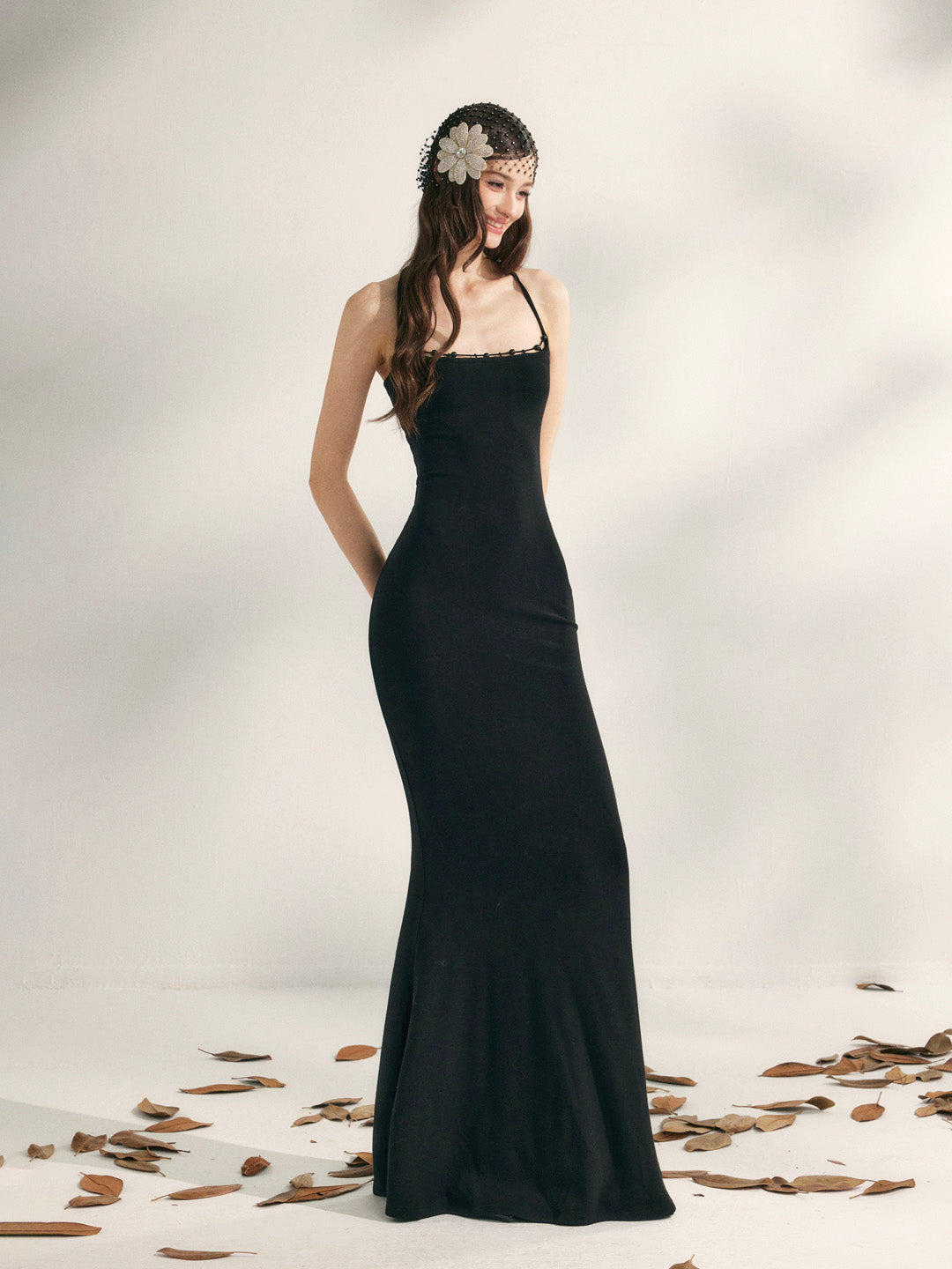 YZZI HE Beaded halter neck knitted fishtail maxi dress