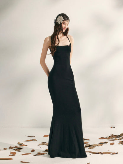 YZZI HE Beaded halter neck knitted fishtail maxi dress