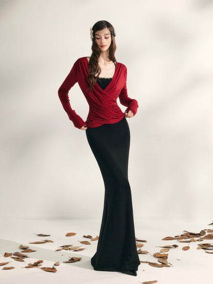 YZZI HE Beaded halter neck knitted fishtail maxi dress