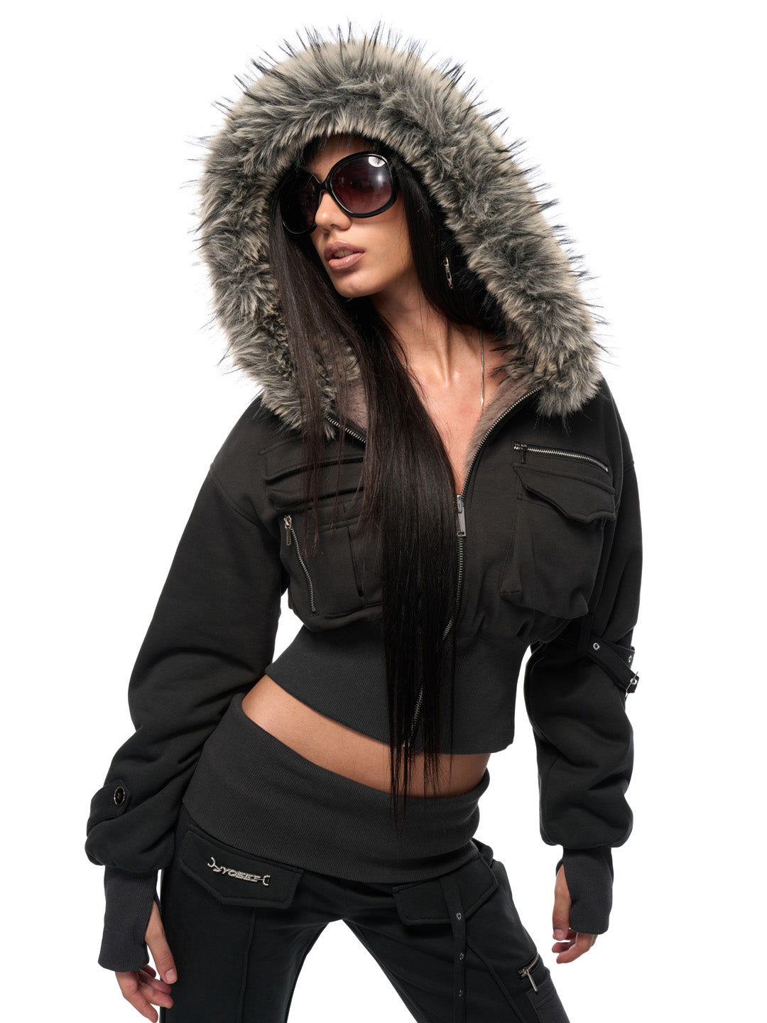 JYOSEI Hooded fur coat + pants set