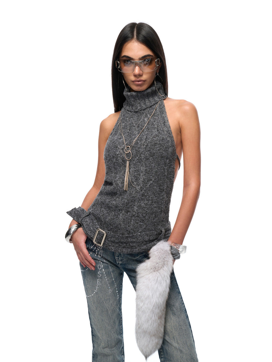 JYOSEI Red gray backless knitted top