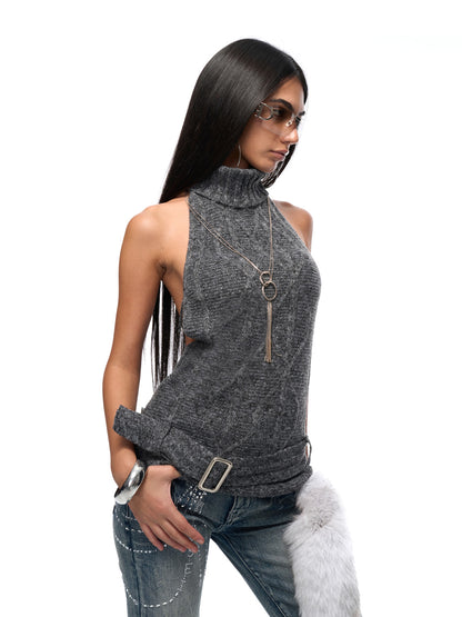JYOSEI Red gray backless knitted top