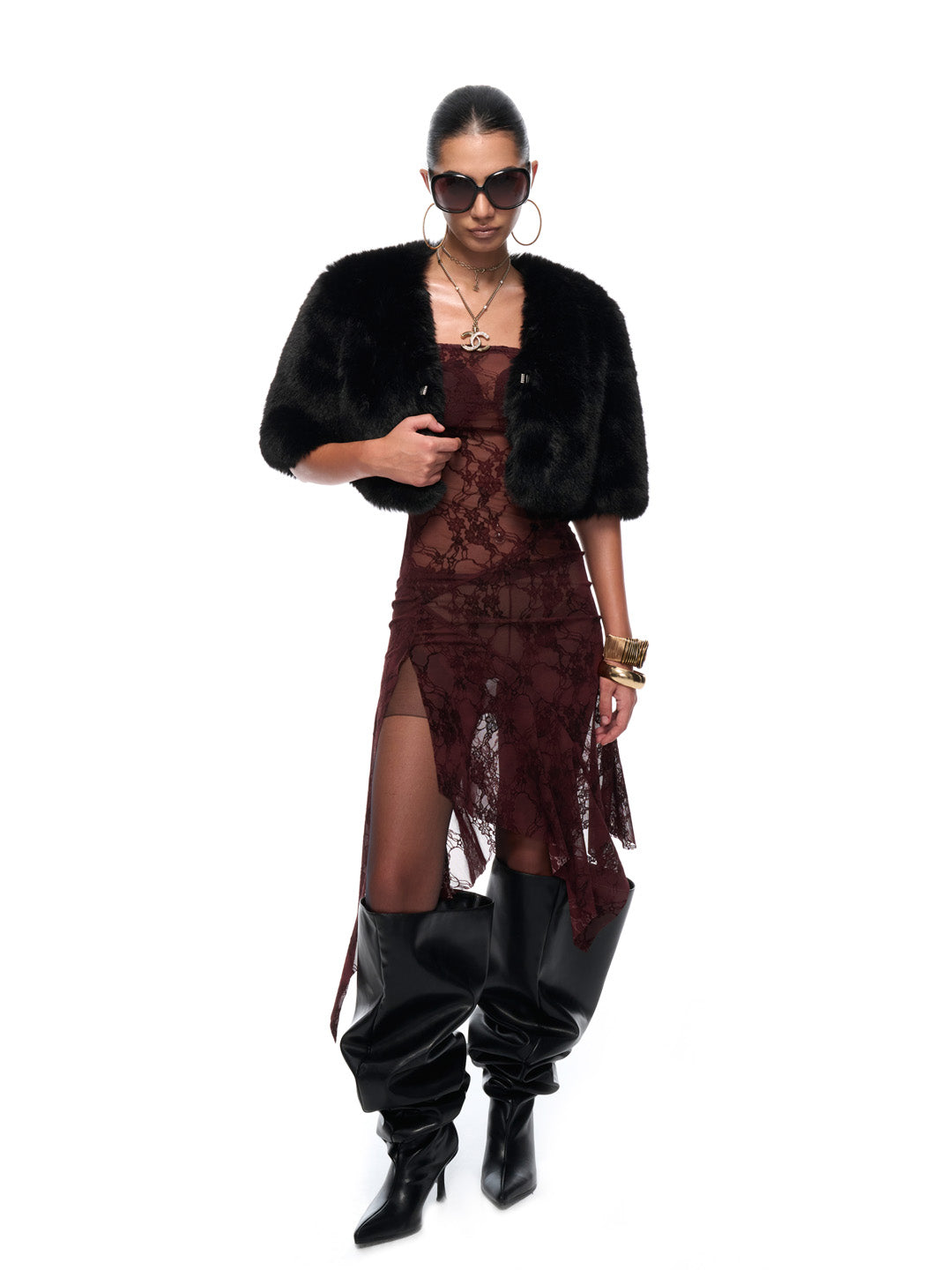 JYOSEI Black fur short sleeved shirt