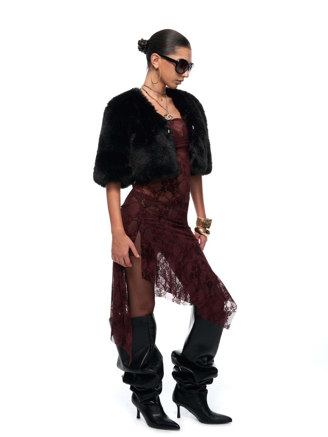 JYOSEI Black fur short sleeved shirt