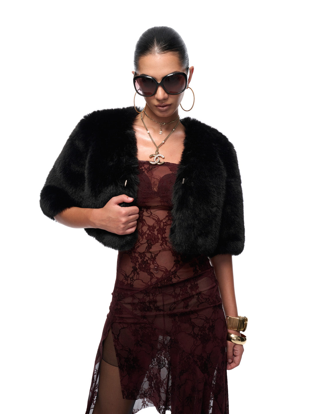 JYOSEI Black fur short sleeved shirt