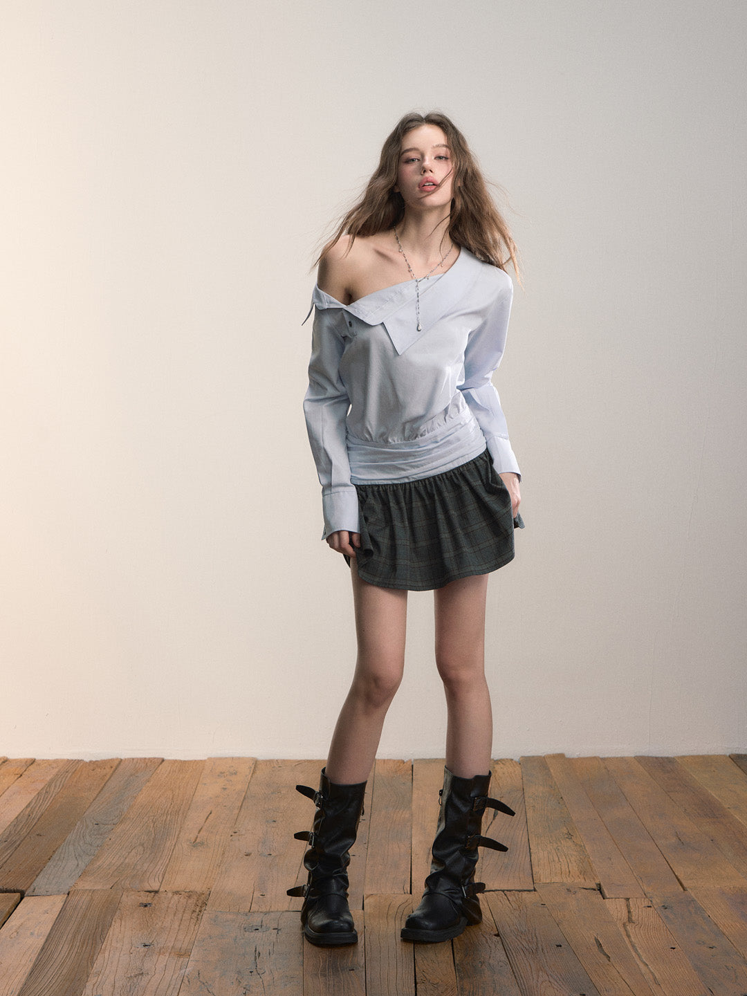 VIA PITTI VIADD644 Irregular shirt patchwork plaid dress