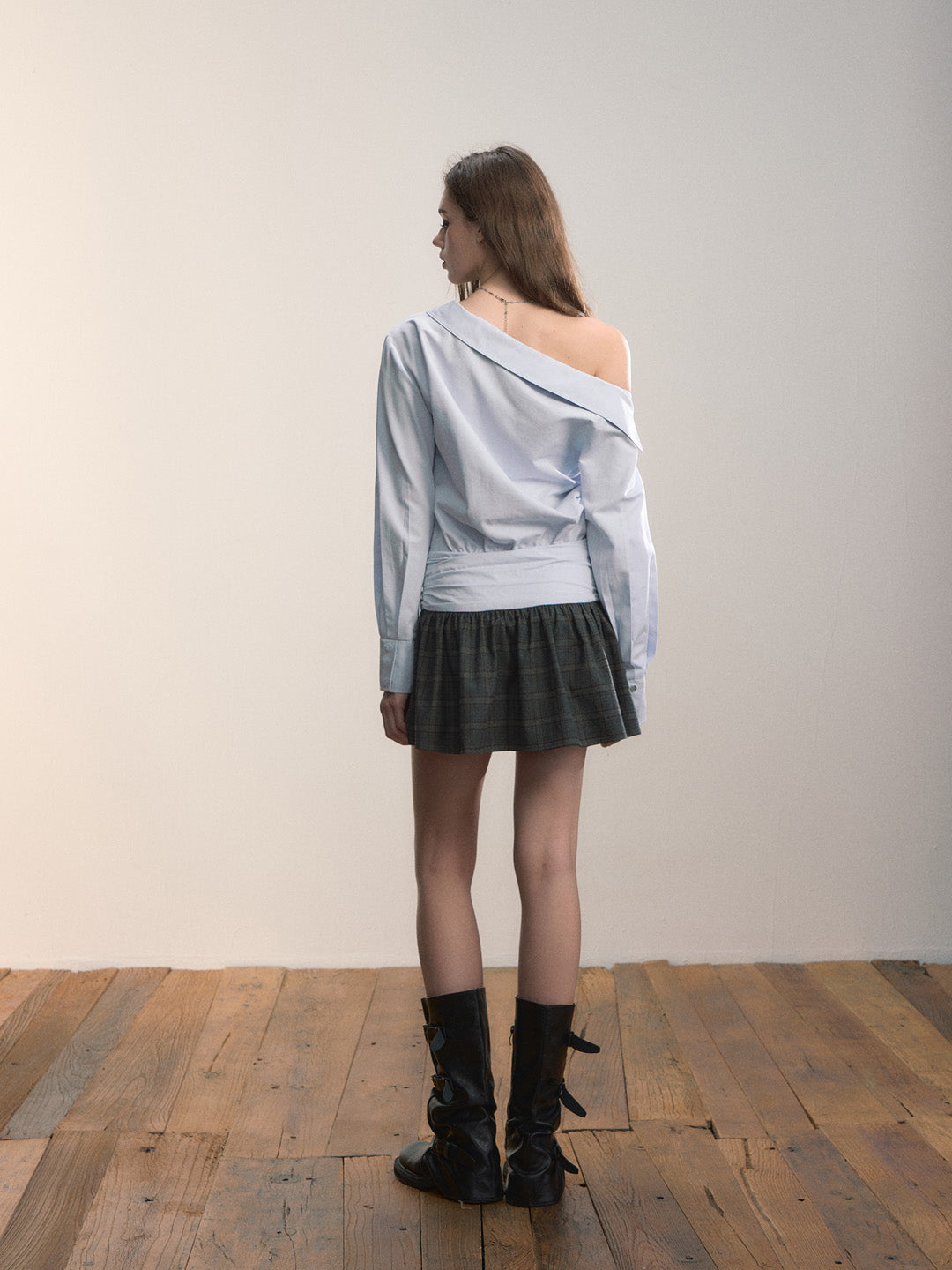 VIA PITTI VIADD644 Irregular shirt patchwork plaid dress