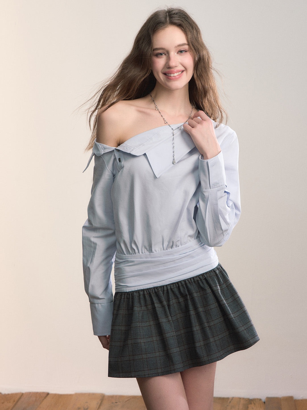 VIA PITTI VIADD644 Irregular shirt patchwork plaid dress