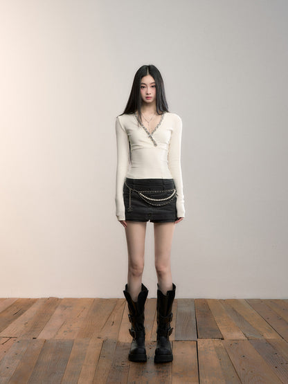 VIA PITTI VIADTP695 Ribbon splicing V-neck base long sleeved top