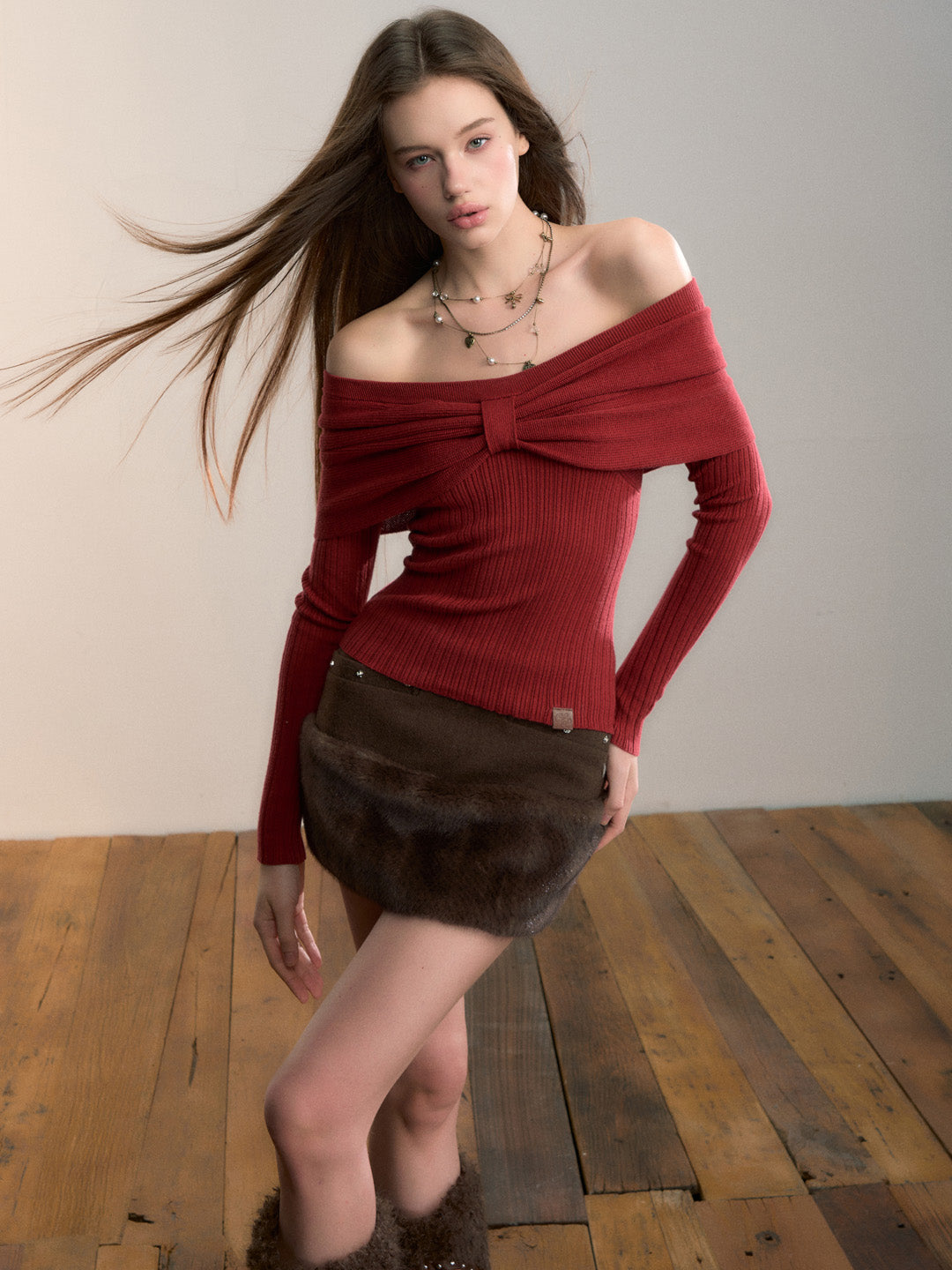 VIA PITTI VIADK714 Large bow off shoulder woolen top