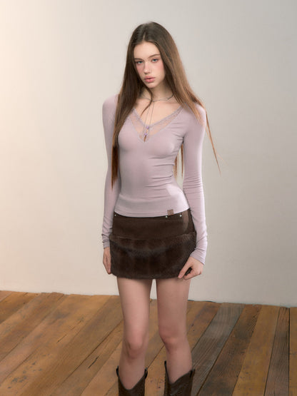 VIA PITTI VIADTP696 Lace collar patchwork base long sleeved top