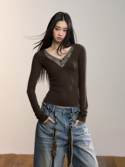 VIA PITTI VIADTP696 Lace collar patchwork base long sleeved top