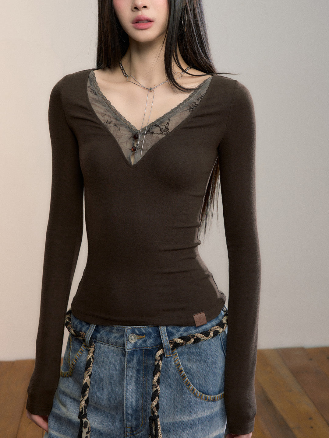 VIA PITTI VIADTP696 Lace collar patchwork base long sleeved top