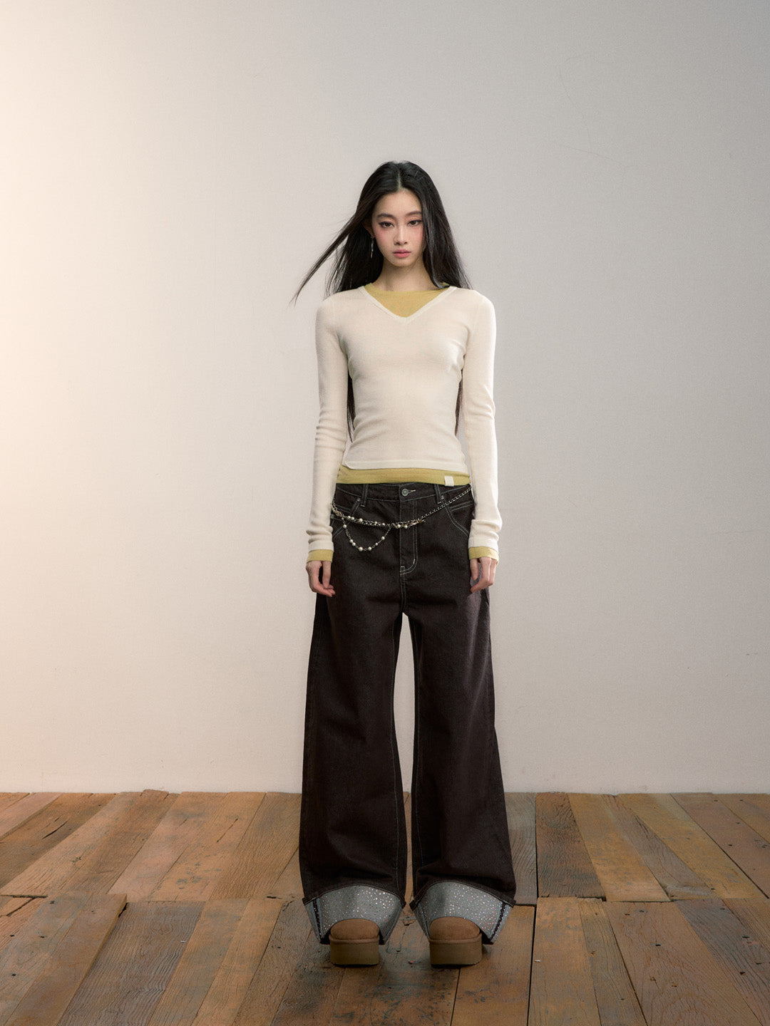 VIA PITTI VIADK709 Fake two contrasting colors V-neck woolen fabric base T