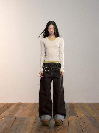 VIA PITTI VIADK709 Fake two contrasting colors V-neck woolen fabric base T