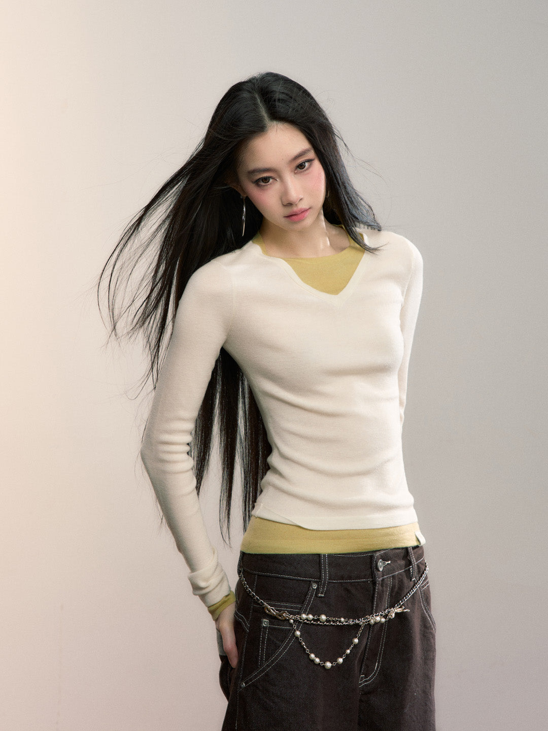 VIA PITTI VIADK709 Fake two contrasting colors V-neck woolen fabric base T