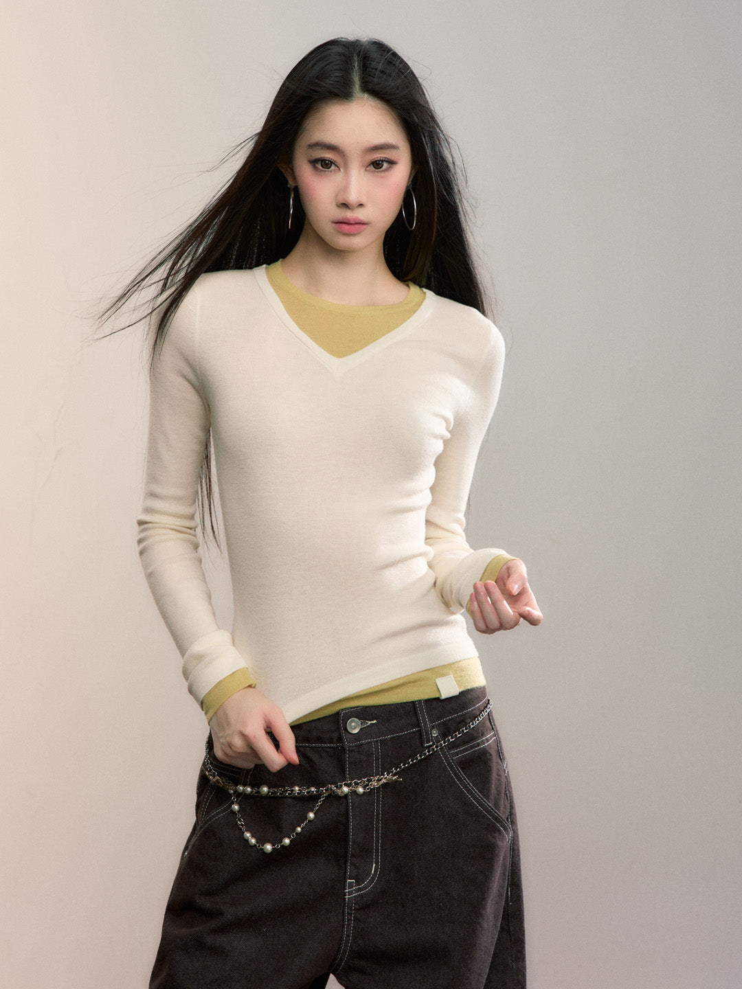 VIA PITTI VIADK709 Fake two contrasting colors V-neck woolen fabric base T