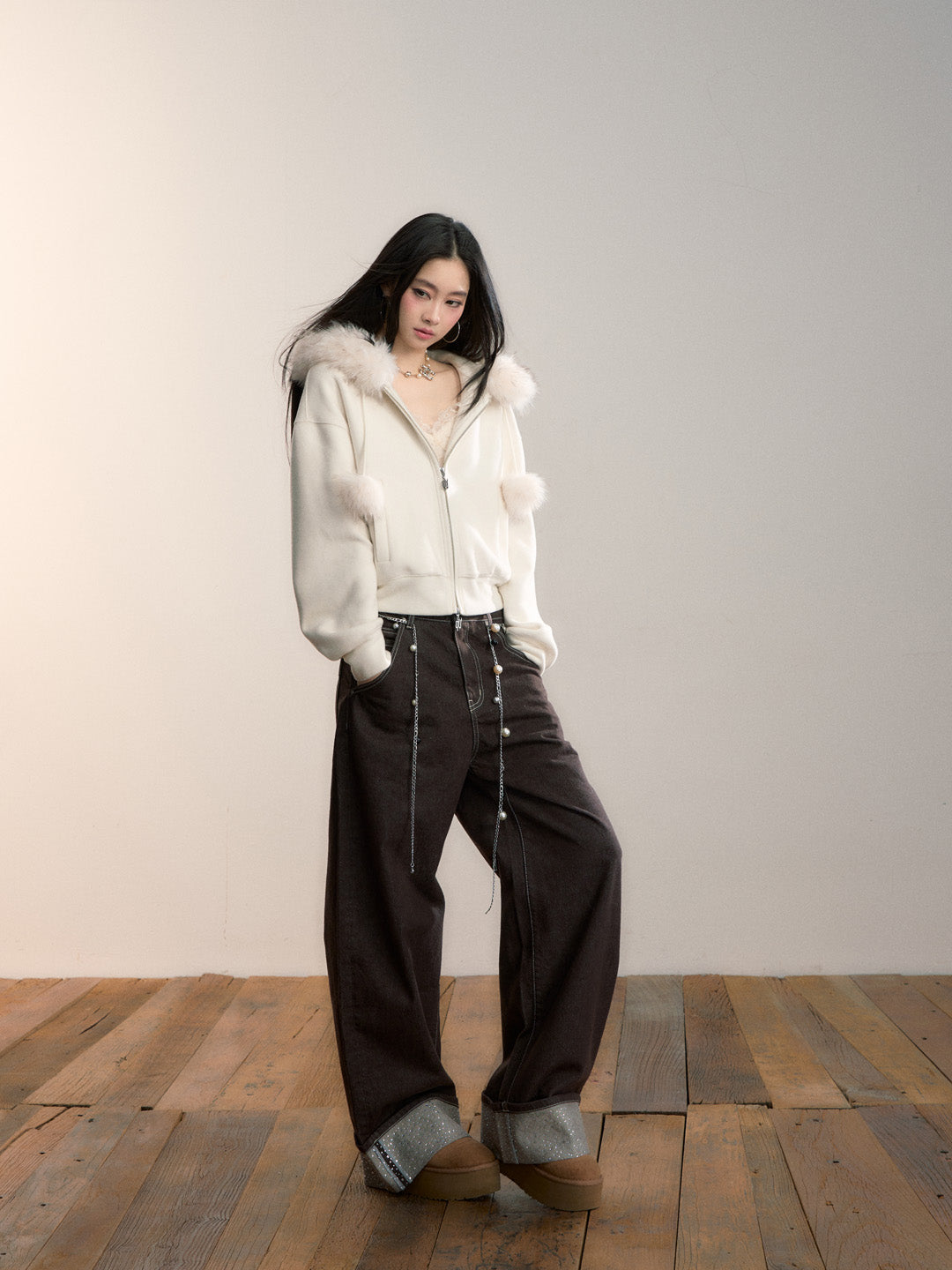 VIA PITTI VIADC682 Velvet collar fur ball hoodie jacket