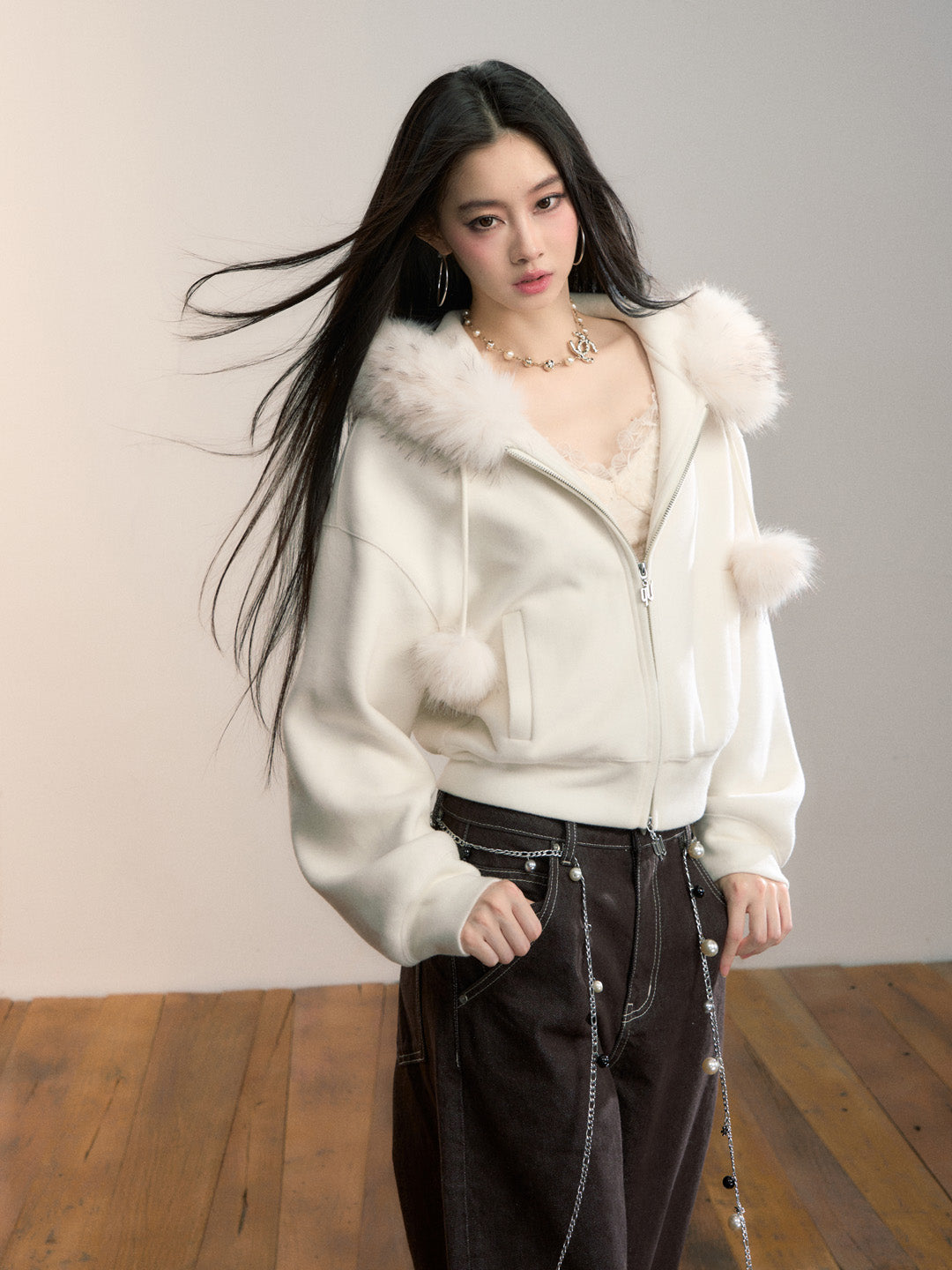 VIA PITTI VIADC682 Velvet collar fur ball hoodie jacket