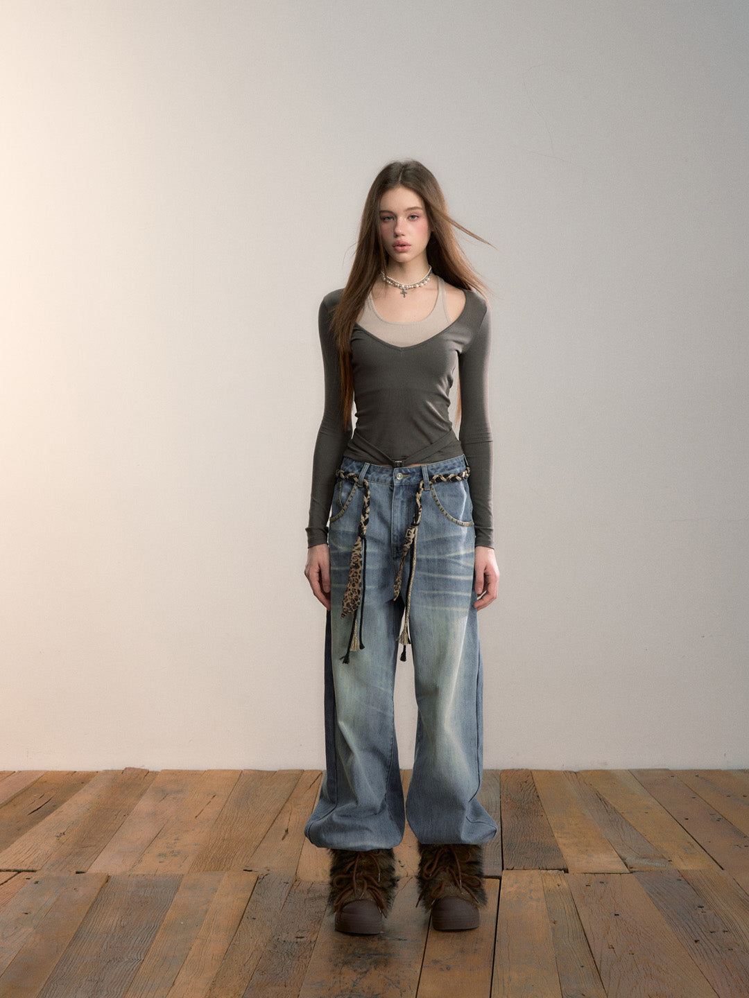 VIA PITTI VIADTP662 Color blocking splicing fake two-piece waist belt base top