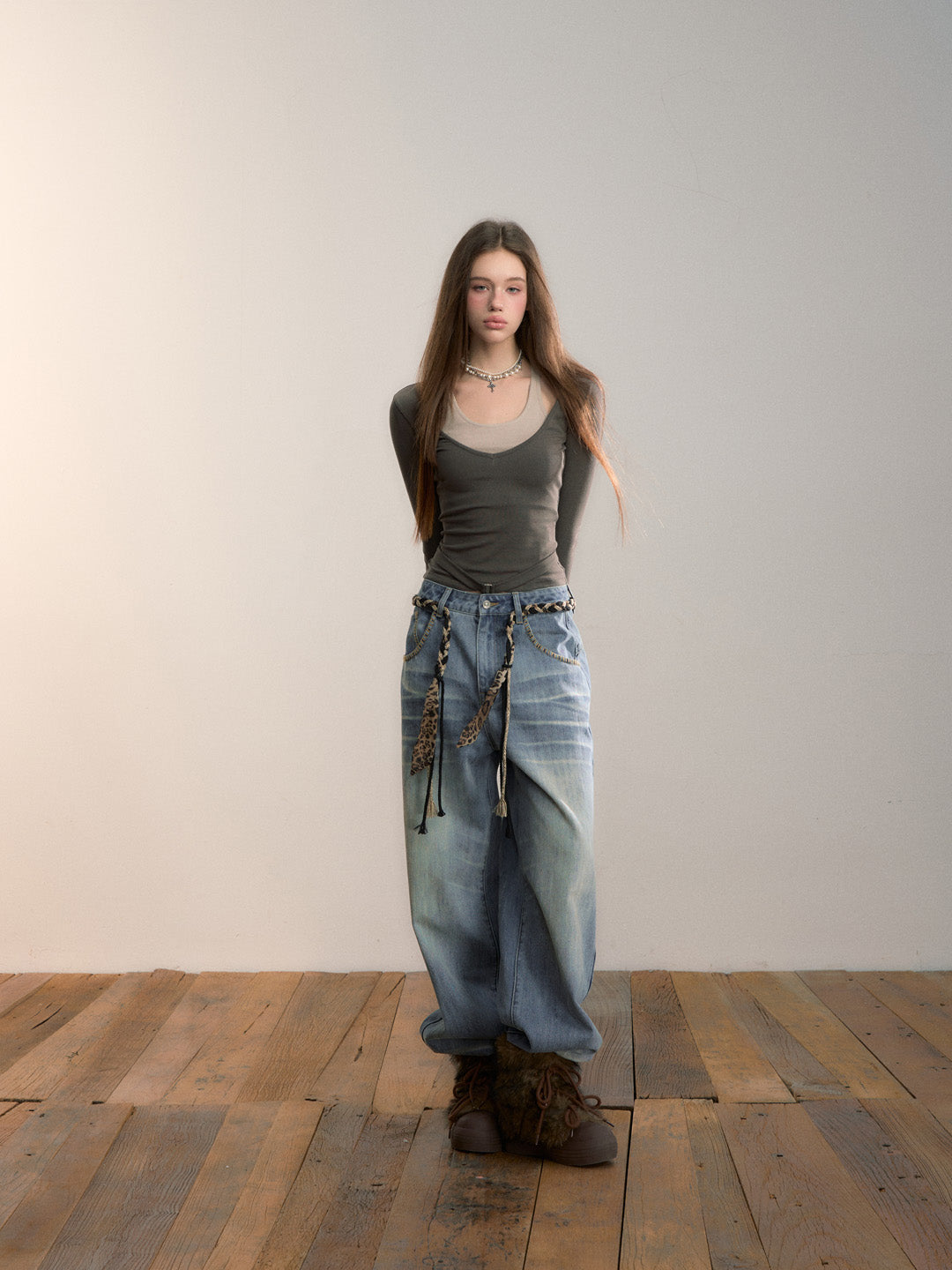 VIA PITTI VIADTP662 Color blocking splicing fake two-piece waist belt base top