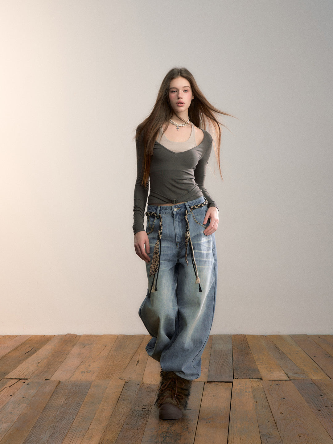 VIA PITTI VIADTP662 Color blocking splicing fake two-piece waist belt base top