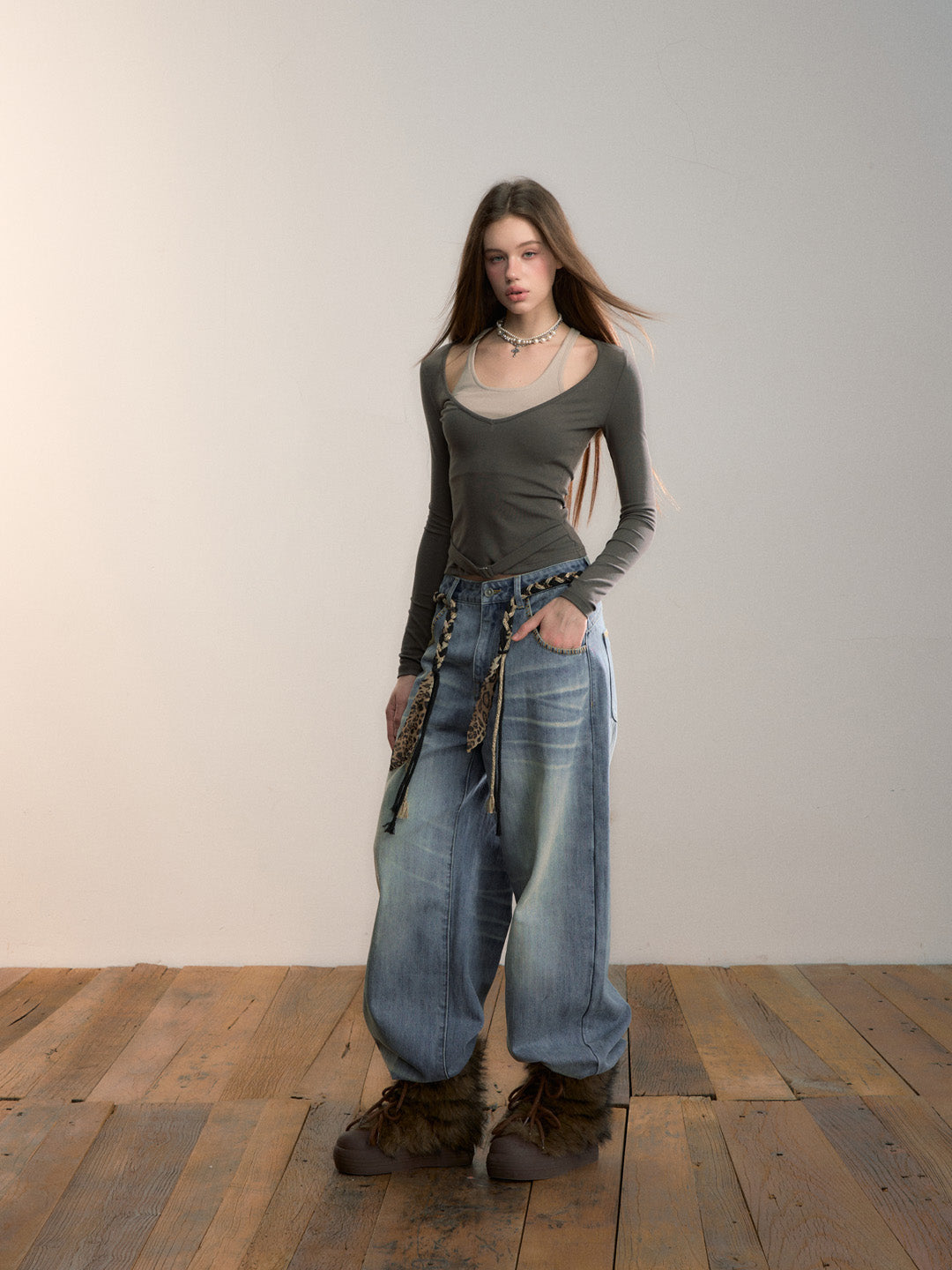 VIA PITTI VIADTP662 Color blocking splicing fake two-piece waist belt base top