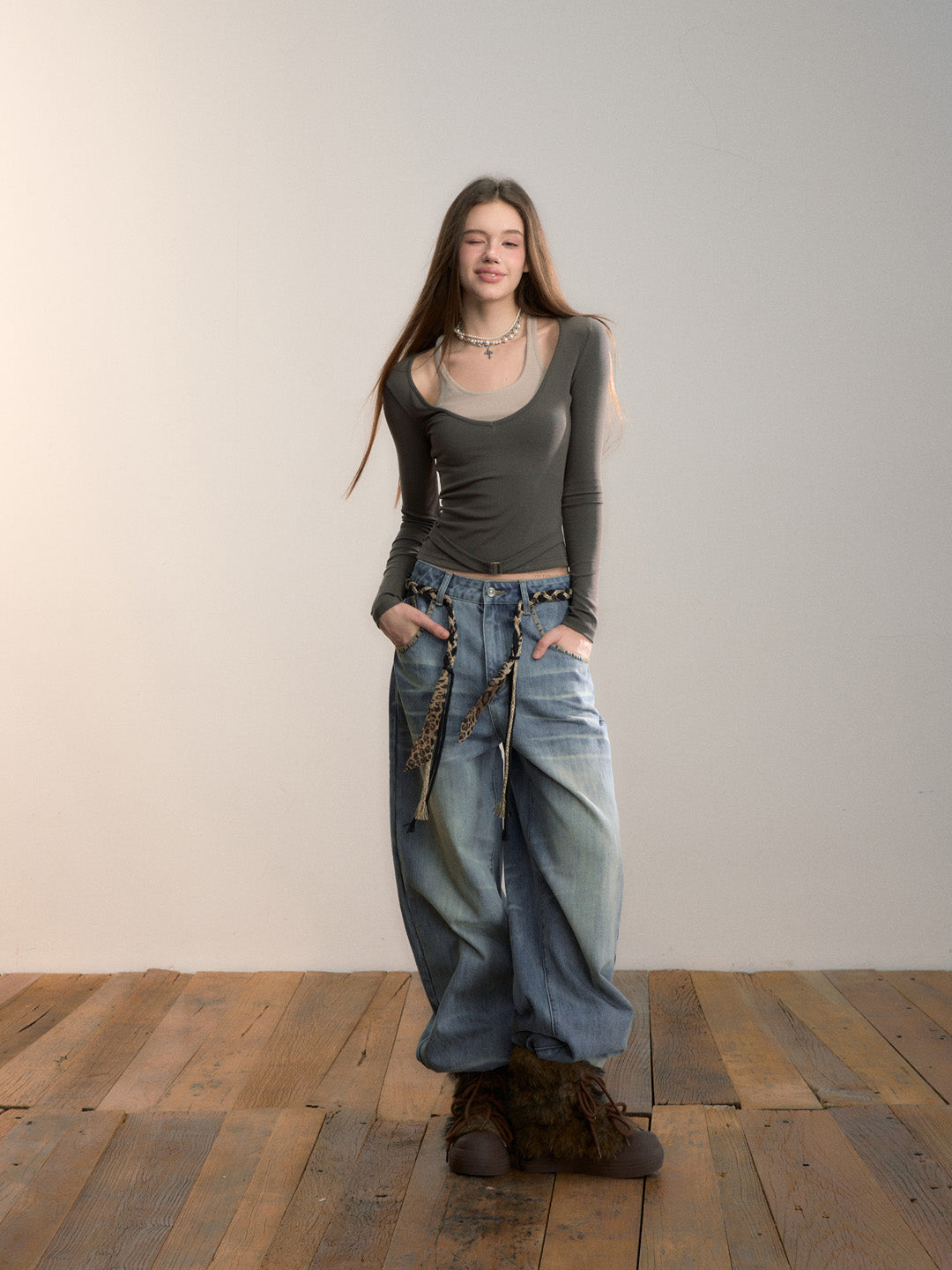 VIA PITTI VIADTP662 Color blocking splicing fake two-piece waist belt base top