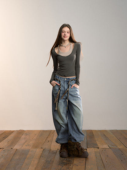 VIA PITTI VIADTP662 Color blocking splicing fake two-piece waist belt base top