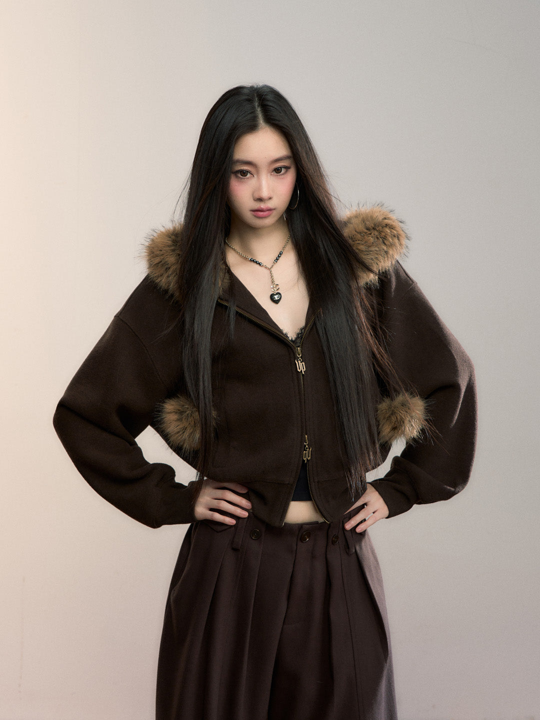 VIA PITTI VIADC682 Velvet collar fur ball hoodie jacket