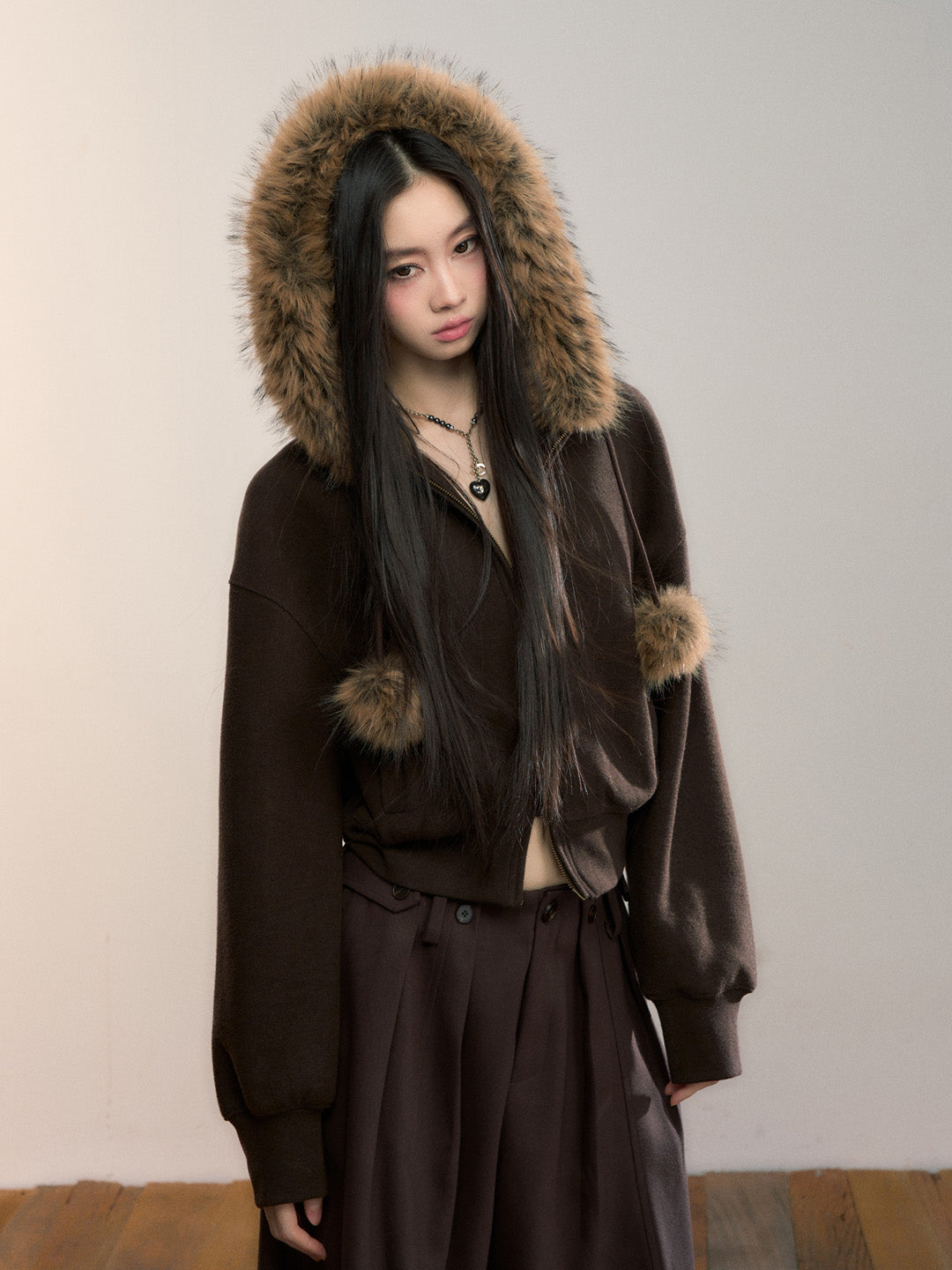 VIA PITTI VIADC682 Velvet collar fur ball hoodie jacket